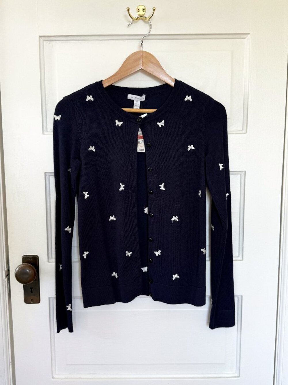 Navy Blue Butterfly Embroidered Cardigan Sweater, XS